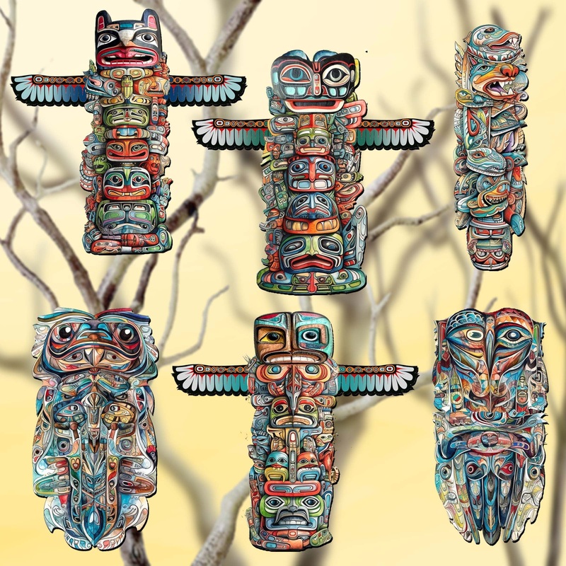 Spirit of the Totem Decorative Wooden Clip-on Ornaments Set of 6 by G. Debrekht – Wildlife Decor – 8090117C-S6
