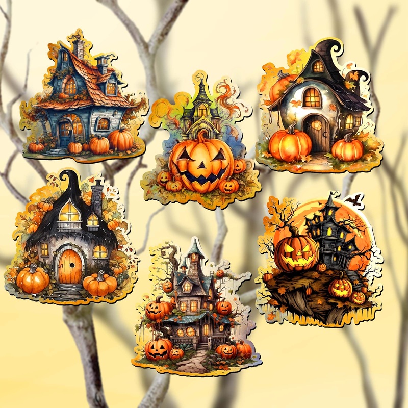 Spooky Houses Decorative Wooden Clip-on Ornaments of 6 by G. Debrekht – Halloween Decor – 8090007C-S6