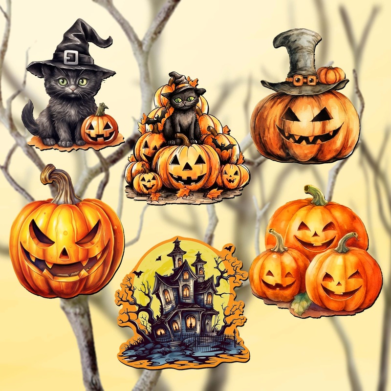 Spooky pumpkins Decorative Wooden Clip-on Ornaments of 6 by G. Debrekht – Halloween Decor – 8090019C-S6