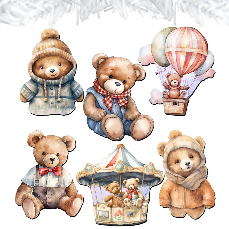Teddy Bear Decorative Wooden Clip-on Ornaments Set of 6 by G. Debrekht – Christmas Decor – 8090025C-S6