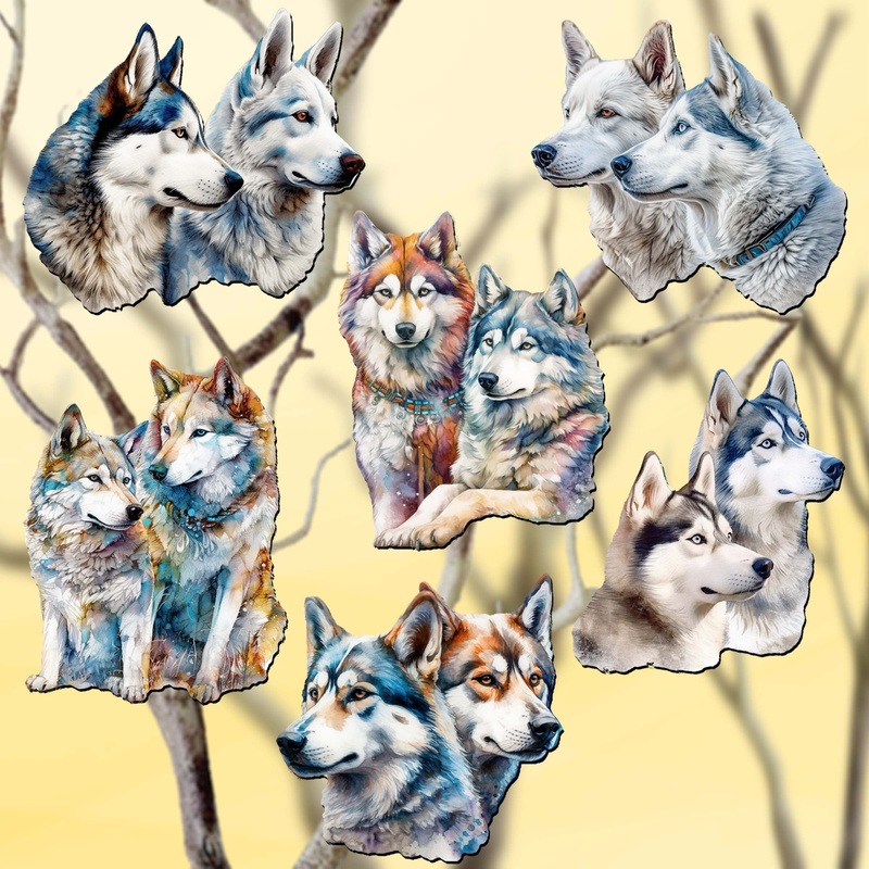 The Graceful Huskies Decorative Wooden Clip-on Ornaments Set of 6 by G. Debrekht – Wildlife Dcor – 8090115C-S6