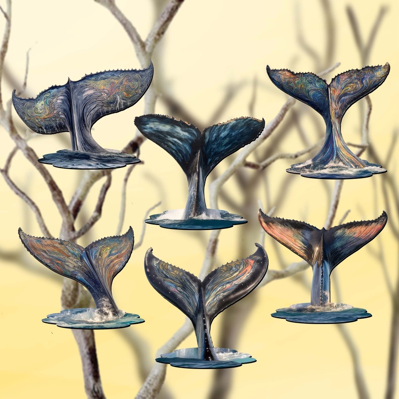 Vibrant Whale Stories Decorative Wooden Clip-on Ornaments Set of 6 by G. Debrekht – Wildlife Decor – 8090104C-S6