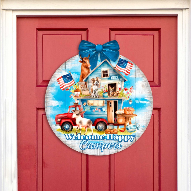 Welcome Happy Campers Sign Front door welcome sign Main entrance banner Welcome sign – Wooden front porch decor – 933114H