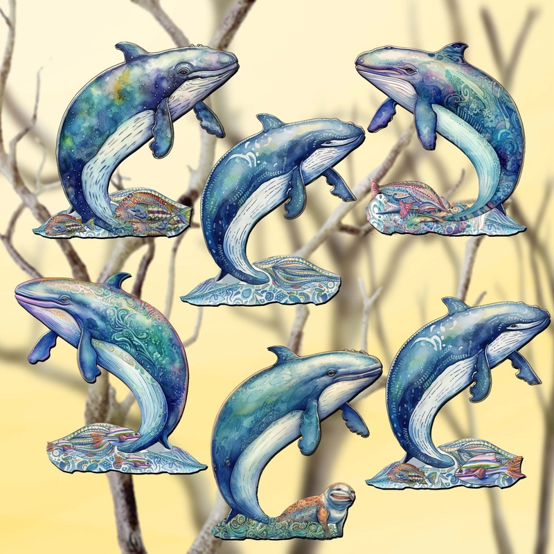 Whale’s Melody Decorative Wooden Clip-on Ornaments Set of 6 by G. Debrekht – Wildlife Dcor – 8090110C-S6