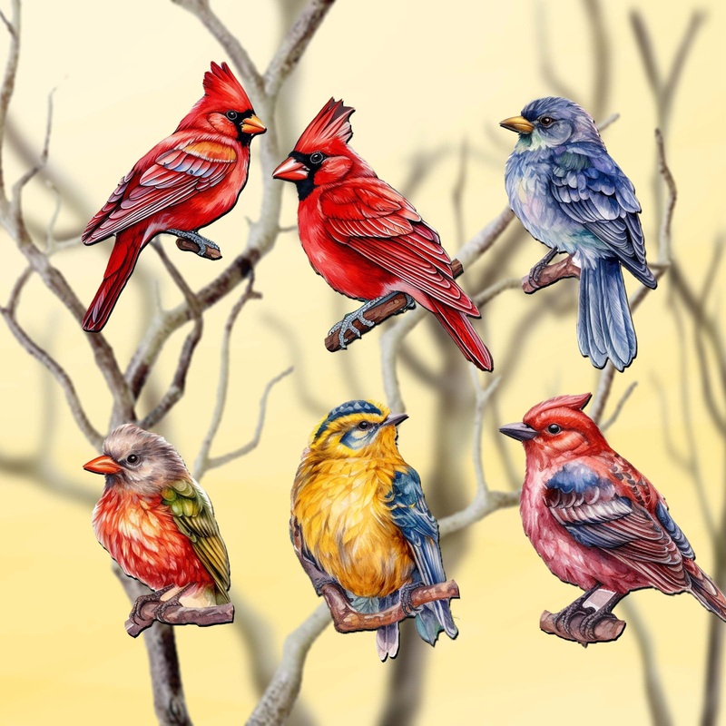 Winter Birds Decorative Wooden Clip-on Ornaments of 6 by G. Debrekht – Christmas Decor – 8090005C-S6