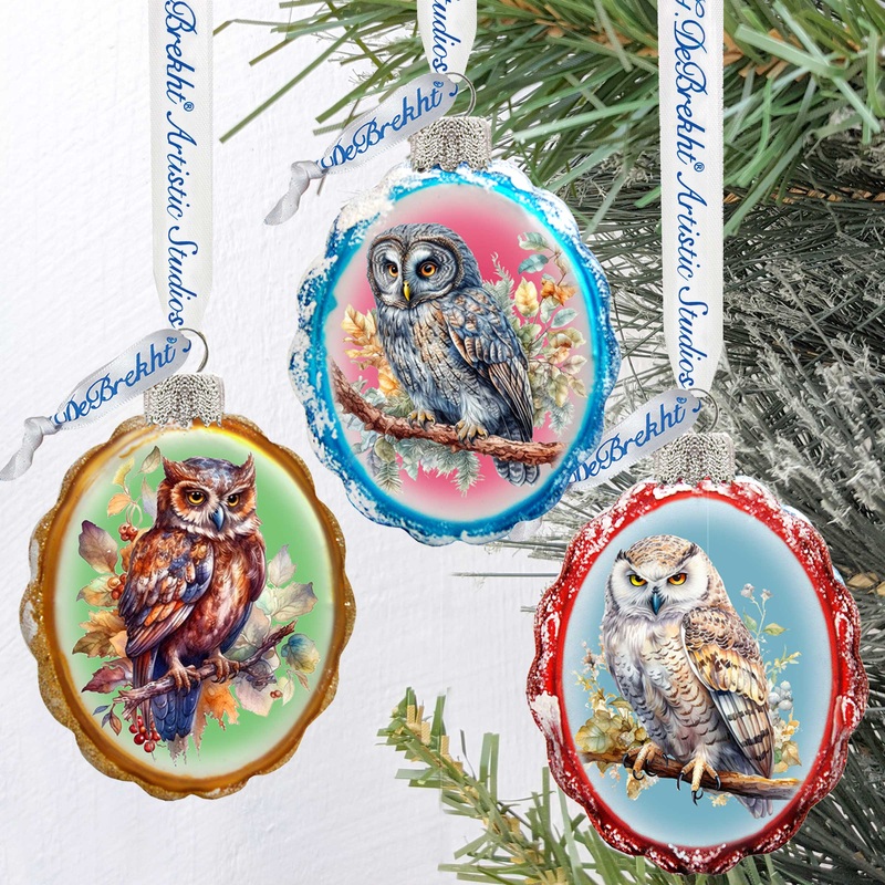Wise Owls Mercury Glass Ornaments Set of 3 by G. Debrekht – Wildlife Holiday Decor – 770146S3