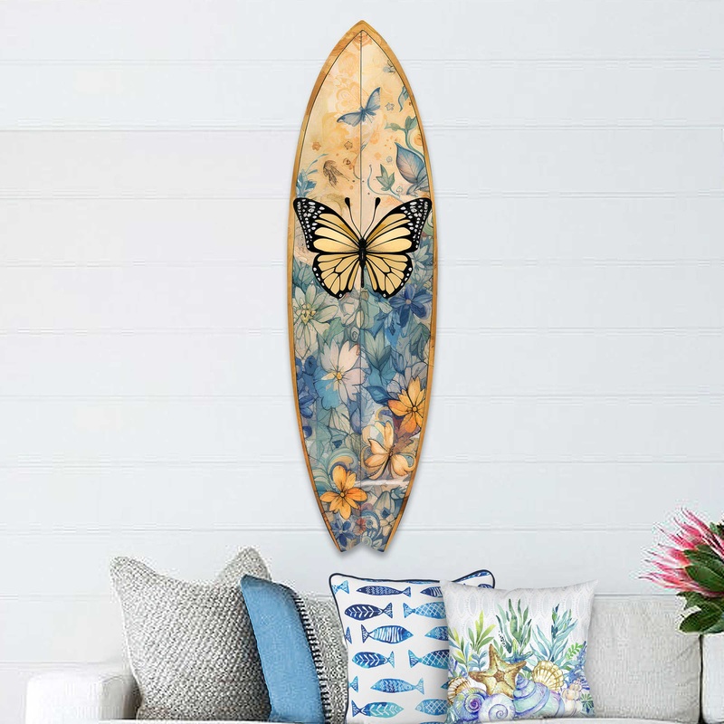Yellow Monarch Butterfly Surfboard Coastal Wall Art by G. DeBrekht – Coastal Holiday Decor – 8490109HS