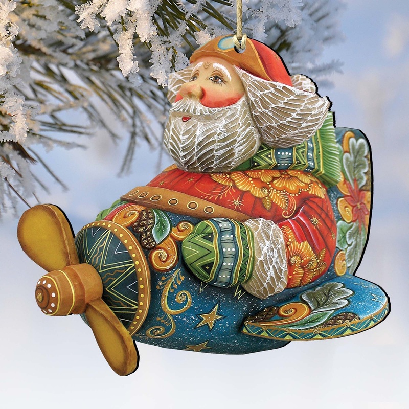 Aviator Santa Christmas Wooden Ornaments by G. DeBrekht – Christmas Santa Snowman Decor – 8112030