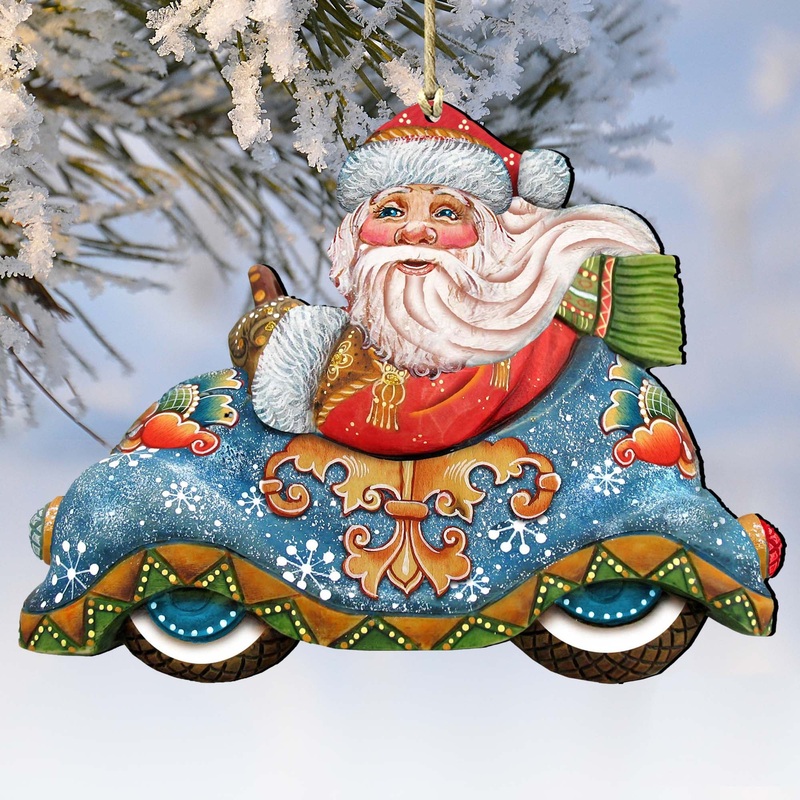 Car Ride Santa Christmas Wooden Ornaments by G. DeBrekht – Christmas Santa Snowman Decor – 8112045