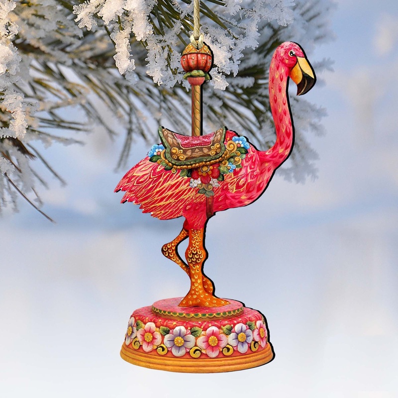 Carousel Flamingo Christmas Wooden Ornaments by G. DeBrekht – Carousel Holiday Decor – 8114035