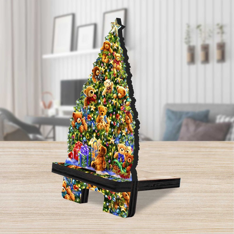 Christmas Tree Teddy Bears Cell Phone Stand Christmas Decor Wood Mobile Tablet Holder Charging Station Organizer – 892082C-DG