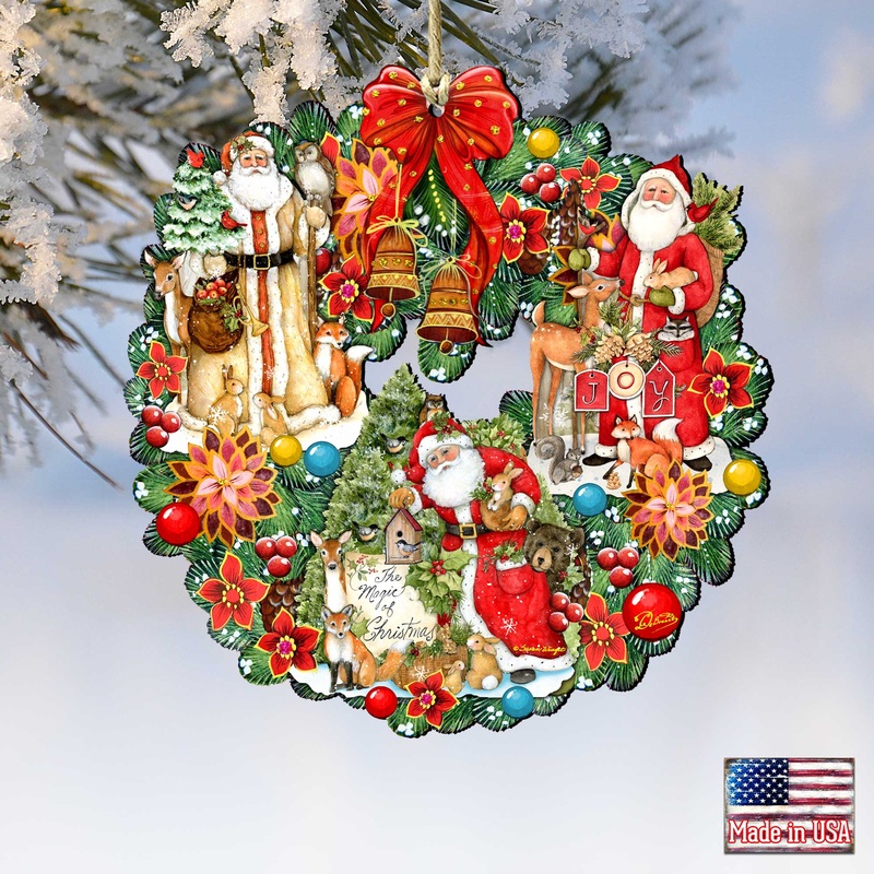 Classic Christmas Santa Wreath Wooden Ornaments by  and Susan Winget – Tree Ornament with Santa and Snowman Decor – 8185307-7-SW