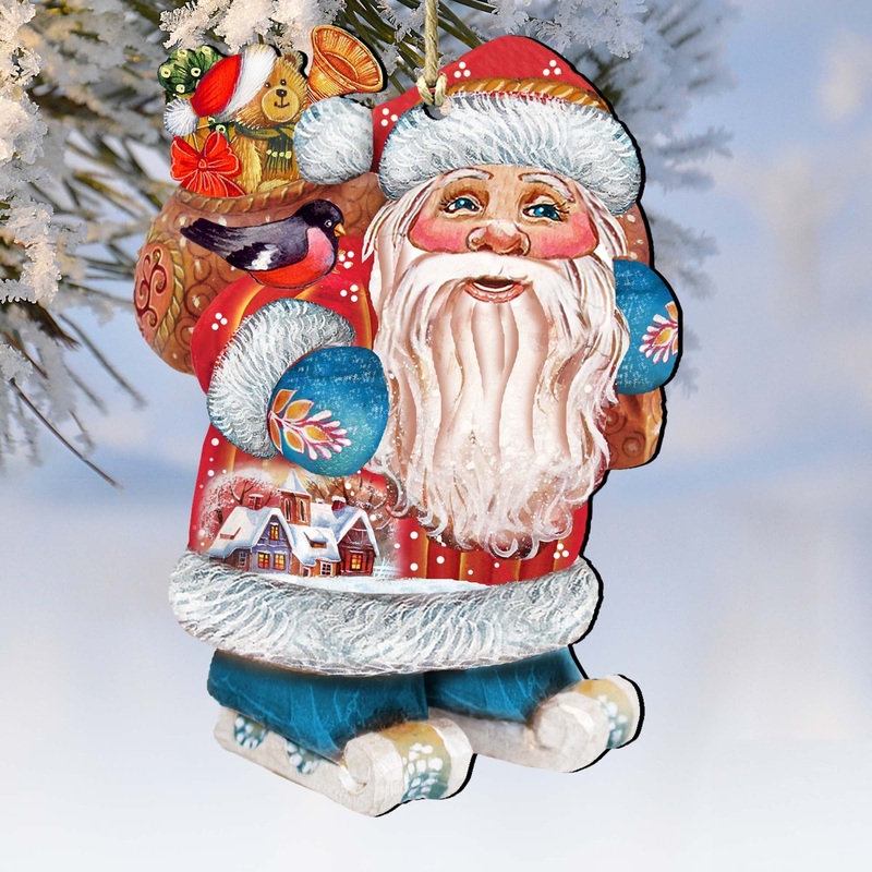 Coming to Town Santa Wooden Ornaments by G. DeBrekht – Christmas Santa Snowman Decor – 8117663