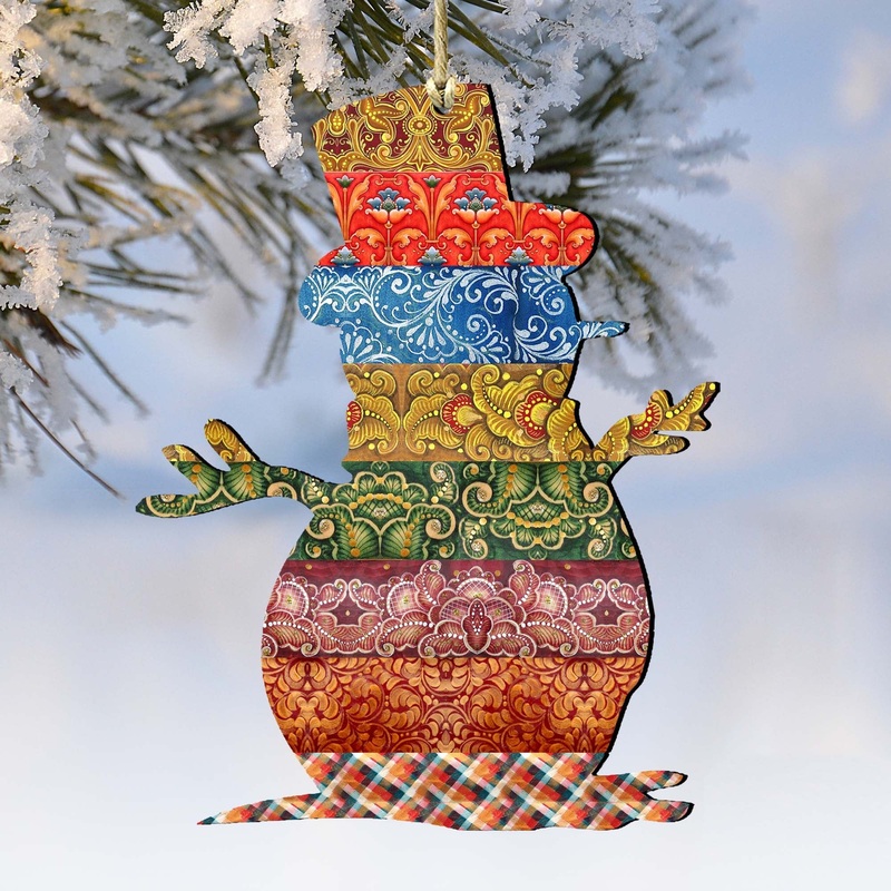 Country Quilted Snowman Wooden Ornaments by G. DeBrekht – Christmas Santa Snowman Decor – 8198801-2