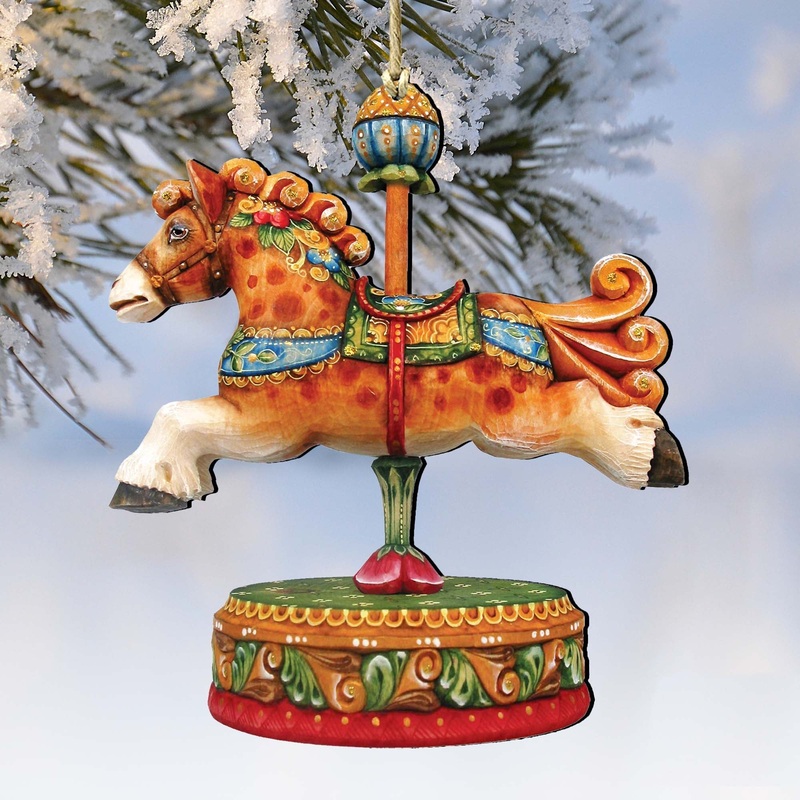 Curly Carousel Pony Wooden Ornaments by G. DeBrekht – Carousel Holiday Decor – 8114041-3