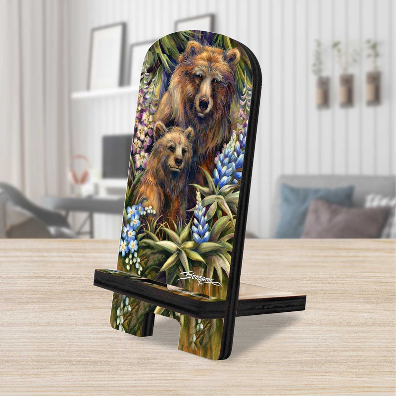 Grin & Bear it Grizzly Mother & Cub Cell Phone Stand Wildlife Decor Wood Mobile Tablet Holder Charging Station Organizer – 892092-JB