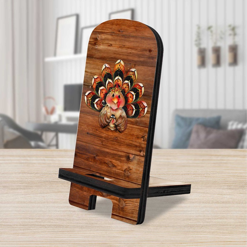 Happy Turkey Cell Phone Stand Halloween Decor Wood Mobile Tablet Holder Charging Station Organizer by Jamie Mills-Price – 892038-MP