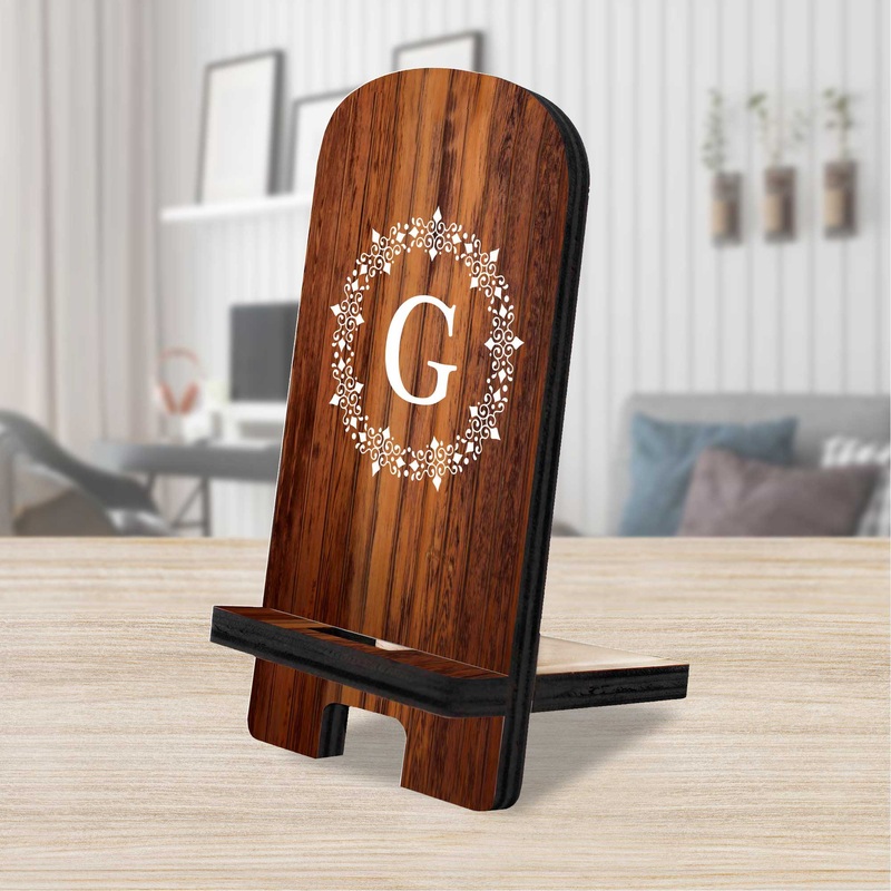 Personalized Cell Phone Stand Circle Boarder Letter Monogram Phone Stand Wood Stand Mobile Tablet Holder Charging Station Organizer – 892013P