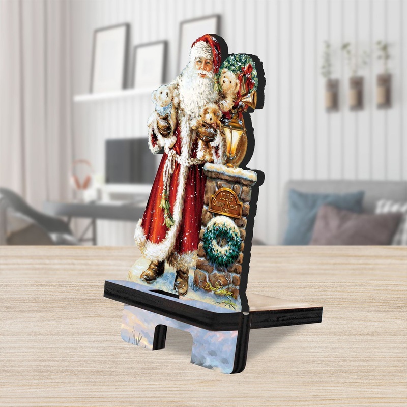 Silent Night Santa Cell Phone Stand Christmas Decor Wood Mobile Tablet Holder Charging Station Organizer – 892089C-DG