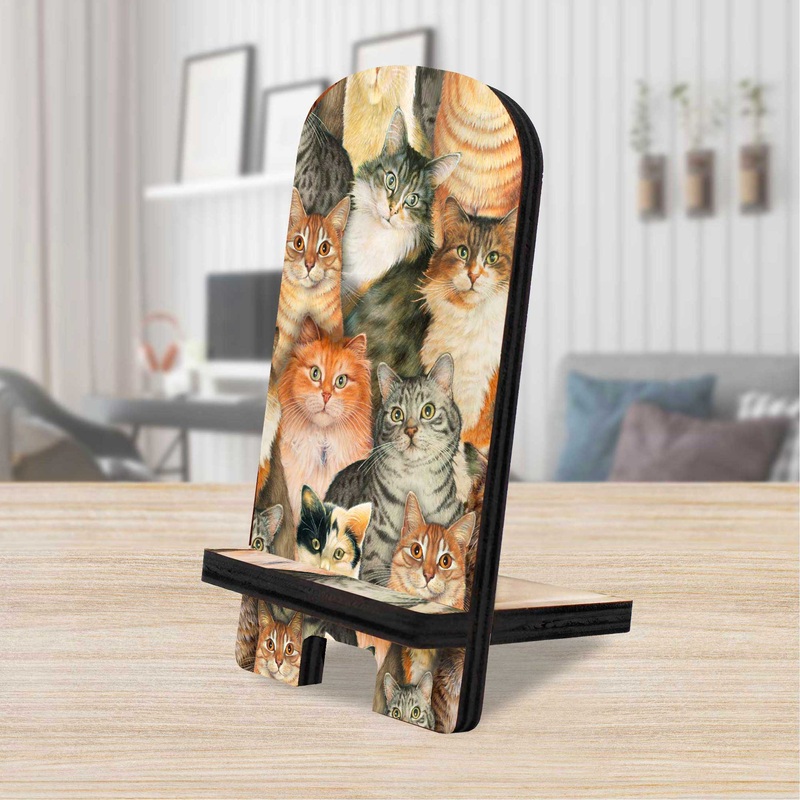 Sophisticated Cats Cell Phone Stand Family Decor – Wood Mobile Tablet Holder Charging Station Organizer – 892039