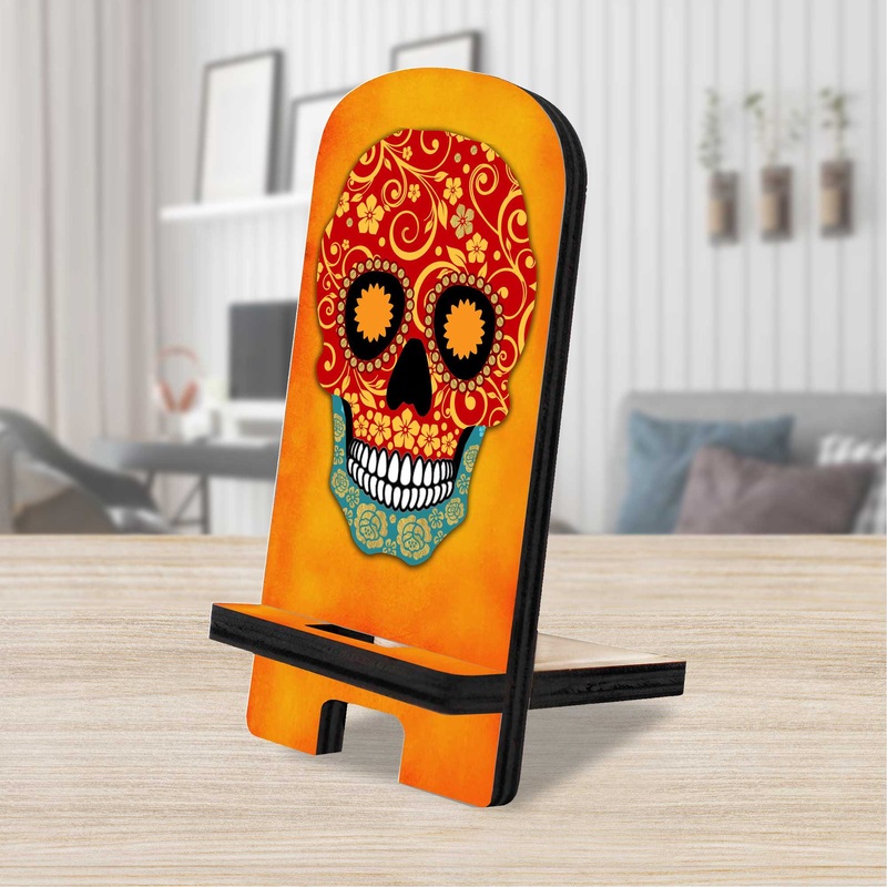 The Skull Cell Phone Stand Halloween Decor Wood Mobile Tablet Holder Charging Station Organizer – 892031