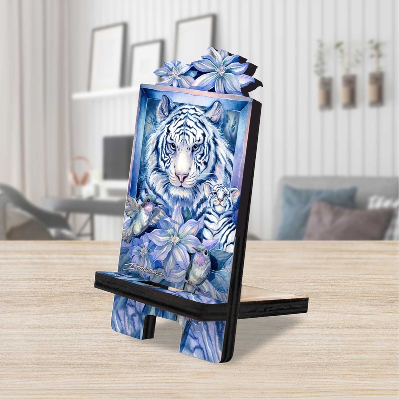 Tiger in the Garden Cell Phone Stand Wildlife Dcor Wood Mobile Tablet Holder Charging Station Organizer – 892096C-JB