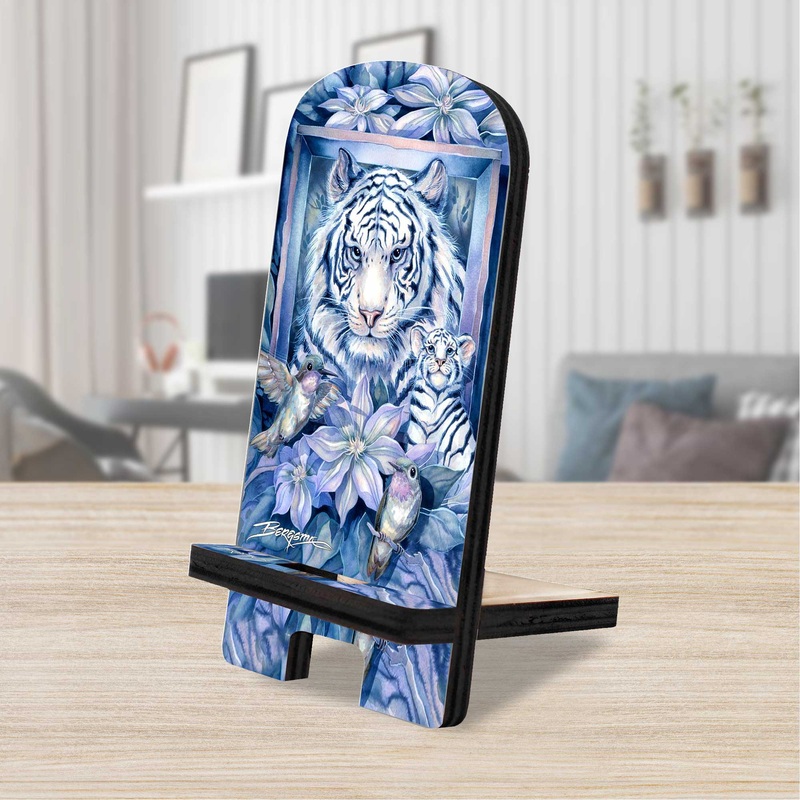 Tiger in the Garden Cell Phone Stand Wildlife Decor Wood Mobile Tablet Holder Charging Station Organizer – 892096-JB
