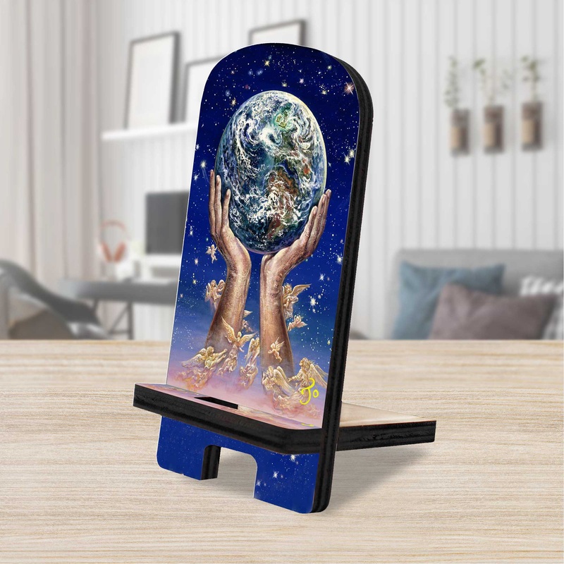 World In My Hands Cell Phone Stand Inspirational Decor Wood Mobile Tablet Holder Charging Station Organizer by Josephine Wall – 892081-JW