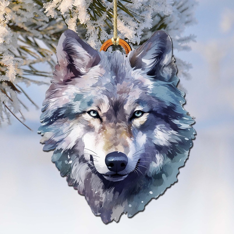 Alaskan Wolf Face Wooden Ornaments by  – Wildlife Holiday Decor – 8710125-1