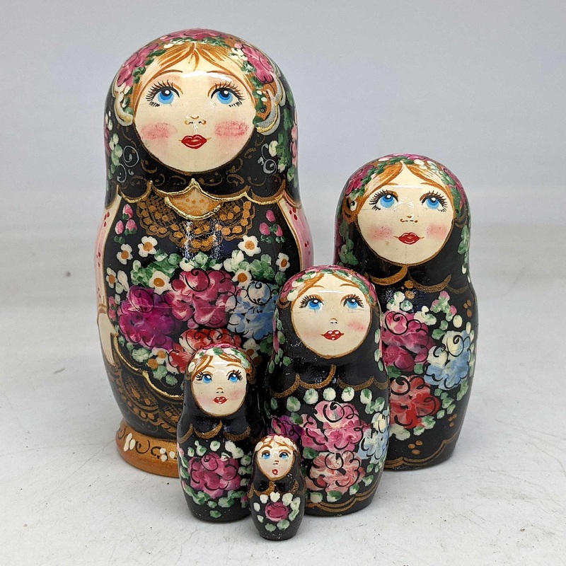 Black Floral Matreshka Nesting Hand-Painted Dolls Set of 5 by G. DeBrekht – Christmas Decor – 140140-2