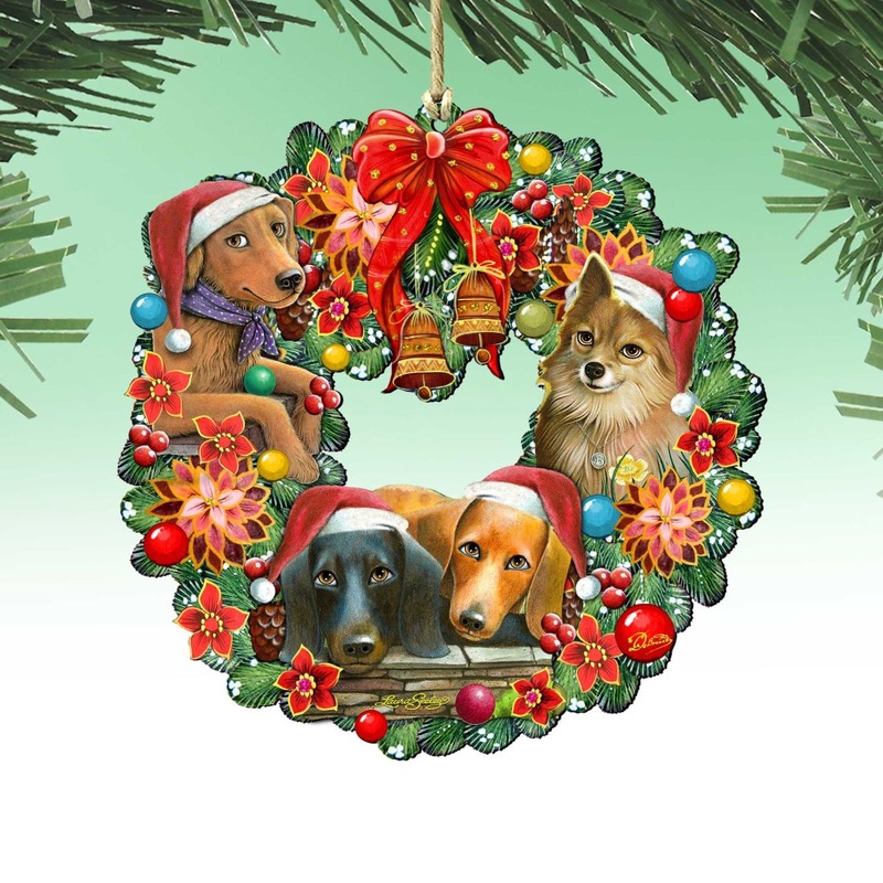 Christmas Friends Puppy Wreath Wooden Ornaments by G. DeBrekht – Pets Dog and Cats Decor – 8185307-6-SL