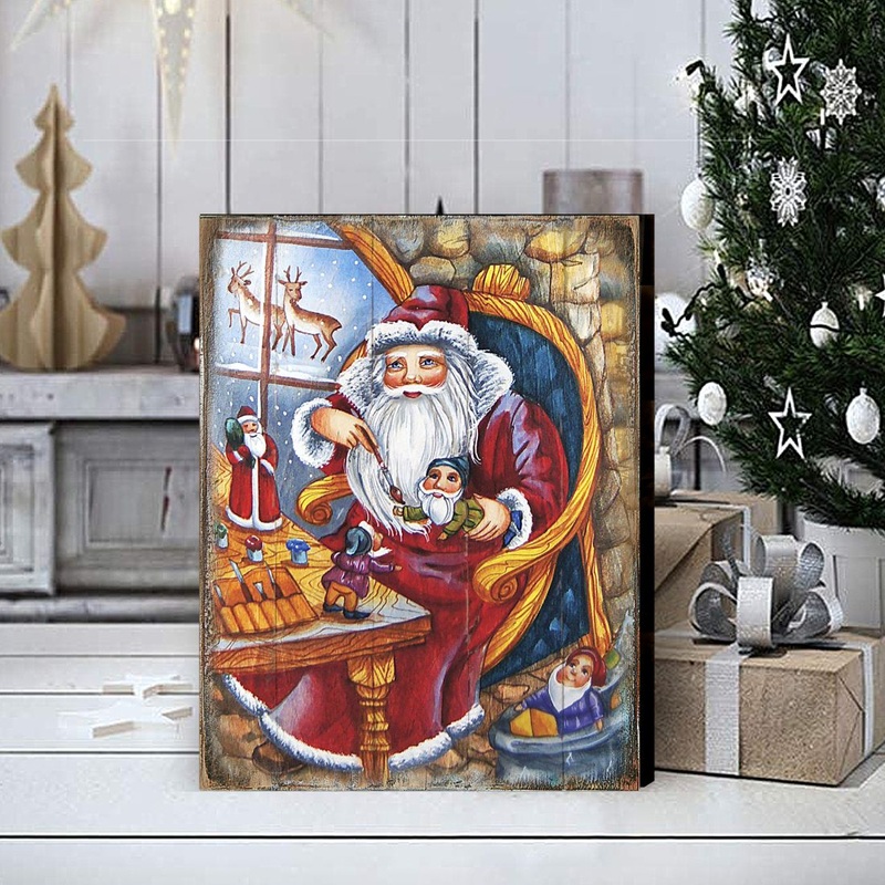 Christmas Workshop Santa Wooden Wall Art by G. DeBrekht – Christmas Santa Snowman Decor – 81215625B