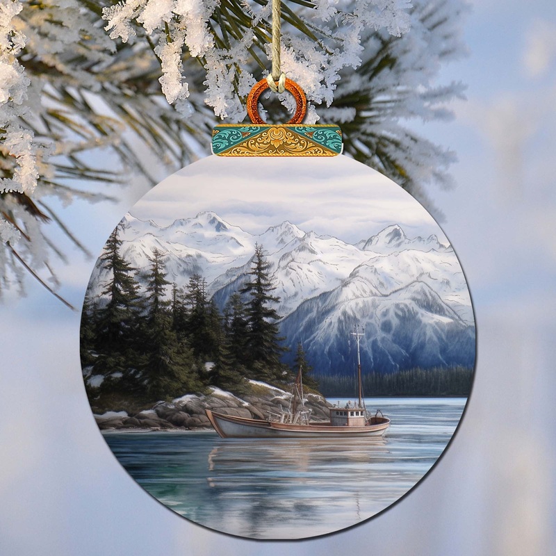 Fishing Boat in Alaska’s Mountains Wooden Ornaments by  – Wildlife Holiday Decor – 870068