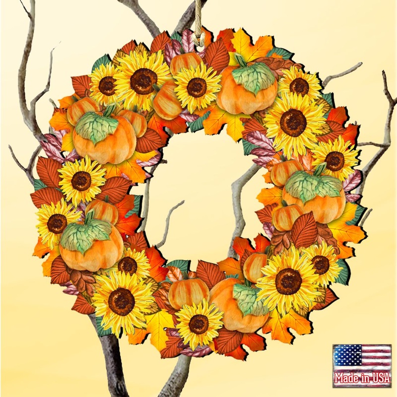 Flower Fall Wreath Wooden Ornaments by G. DeBrekht – Thanksgiving Halloween Decor – 8185305