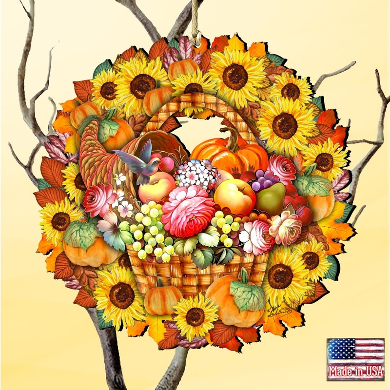 Flower Fall Wreath Wooden Ornaments by G. DeBrekht – Thanksgiving Halloween Decor – 8185305-5