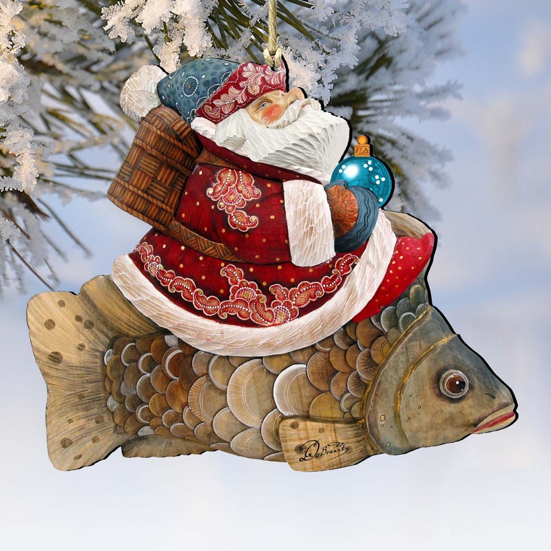 Goldfish Santa Wooden Ornaments by G. DeBrekht – Christmas Santa Snowman Decor – 8121635