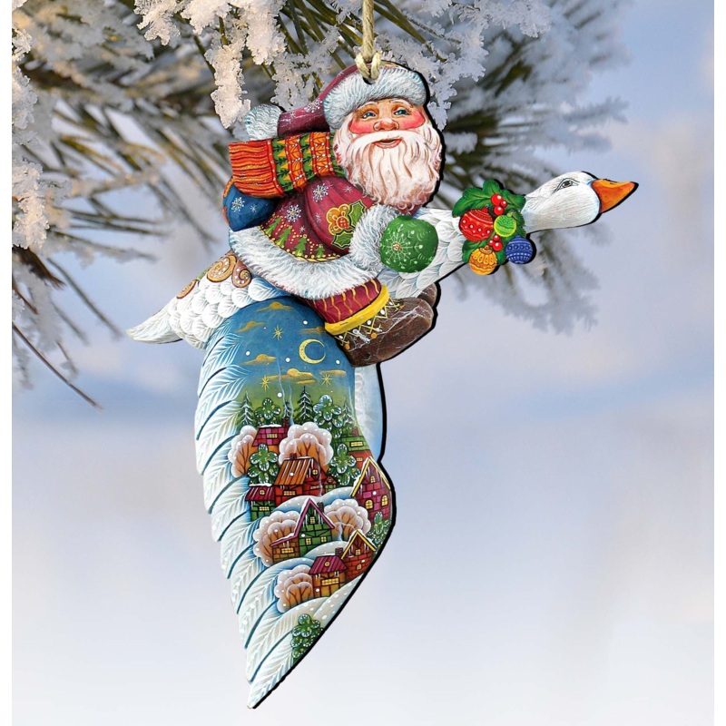 Goose Traveling Santa Wooden Ornaments by G. DeBrekht – Christmas Santa Snowman Decor – 8114060