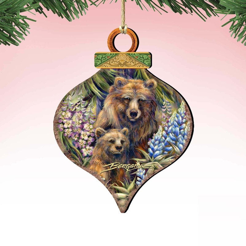 Grin Bear it Grizzly Mother Cub Wooden Ornaments by J. Bergsma – Wildlife Holiday Decor – 8591947-JB