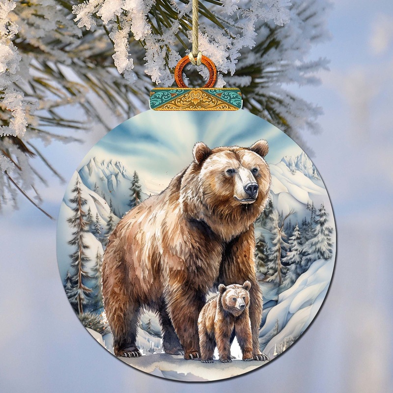 Grizzly Bear with Cub Wooden Ornaments by  – Wildlife Holiday Decor – 870070