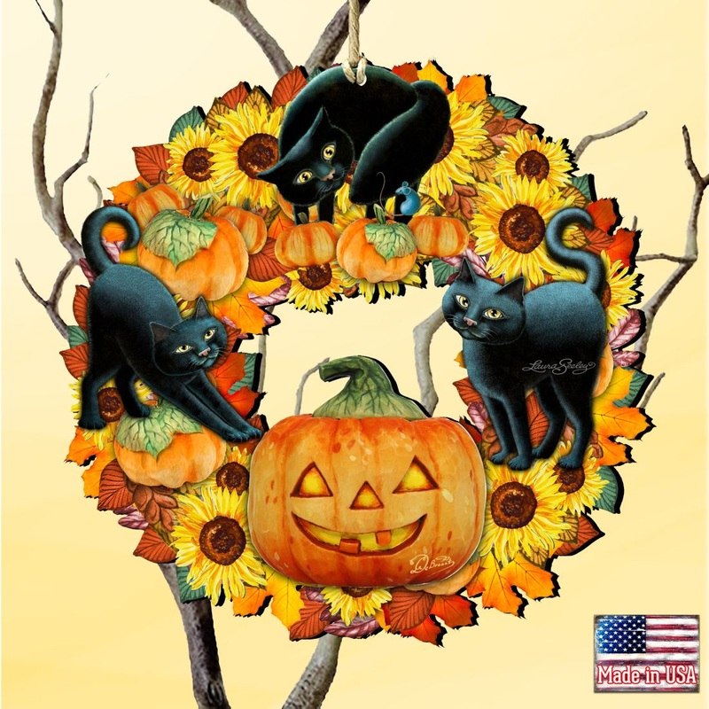 Halloween Cats Wreath Wooden Ornaments by G. DeBrekht – Thanksgiving Halloween Decor – 8185305-4-SL