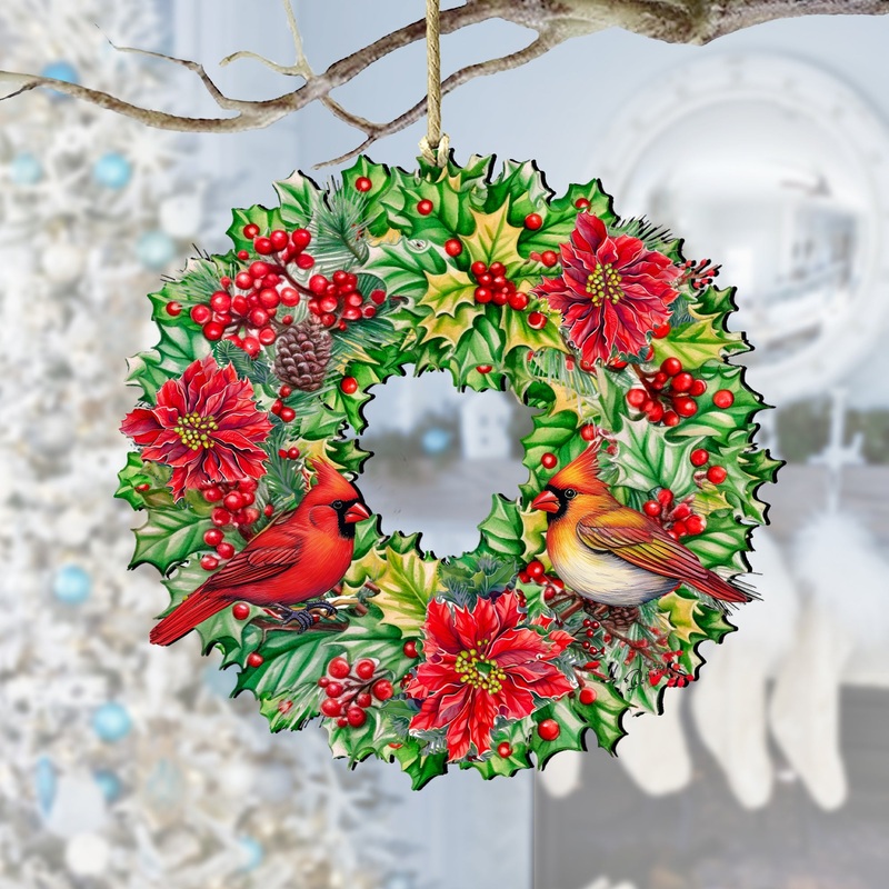Holiday Cardinal Garland Wreath Wooden Ornaments by G. Debrekht Christmas Decor – 8611070
