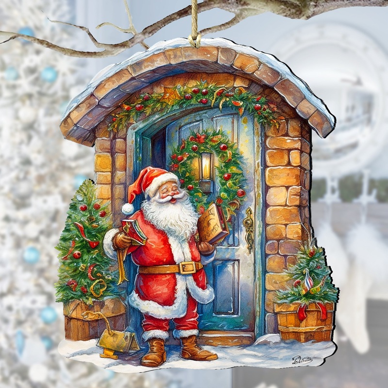 Joyful Moments at the Doorstep Wooden Ornaments by G. Debrekht Christmas Santa Snowman Decor – 8611046