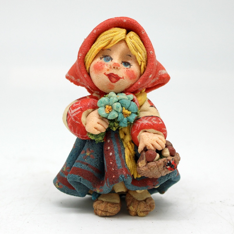 One-of-a-Kind Little Girl with a Basket of Mushrooms – Handmade Clay Figurine – Unique Gift