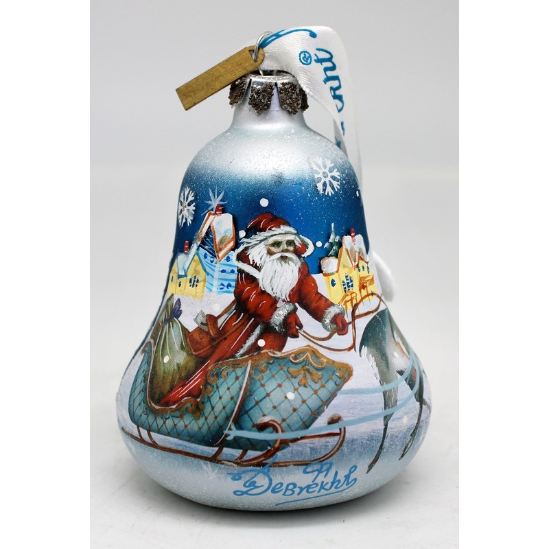 One-of-a-Kind Santa on Sleigh Bell Glass Ornament 3.5 by G. DeBrekht