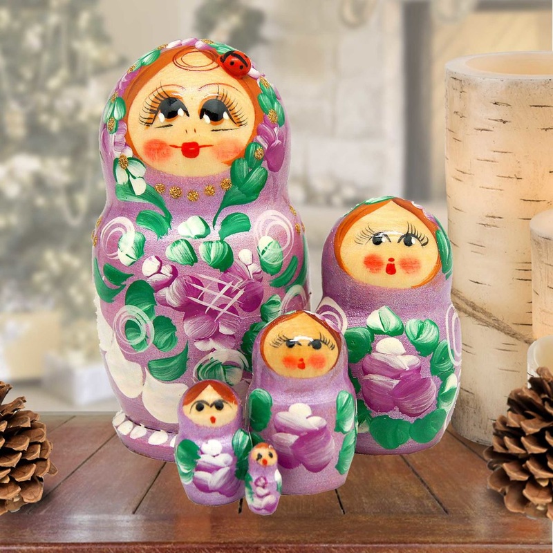 Pink Floral Matreshka Nesting Hand-Painted Dolls Set of 5 by G. DeBrekht – Christmas Decor – 140137