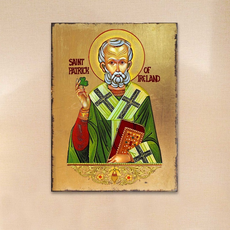 Saint Patrick Wooden Gold Plated Religious Christian Sacred Icon – Celtic Decor – 85060