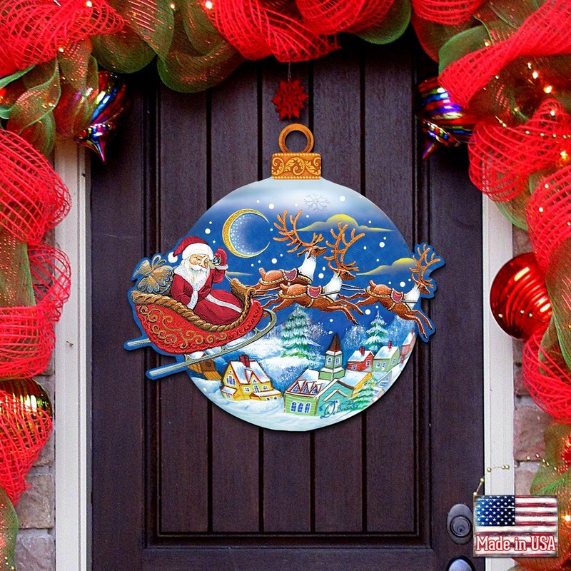 Up-Up and Away Santa Sleigh Ball Door Decor by G. DeBrekht – Christmas Santa Snowman Decor – 8112160H