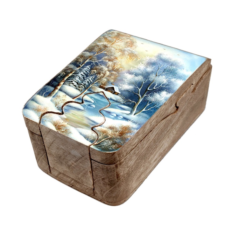 Winter Village Secret Wooden Puzzle Box 6×3.5 by , Unique Hand Carved Gift