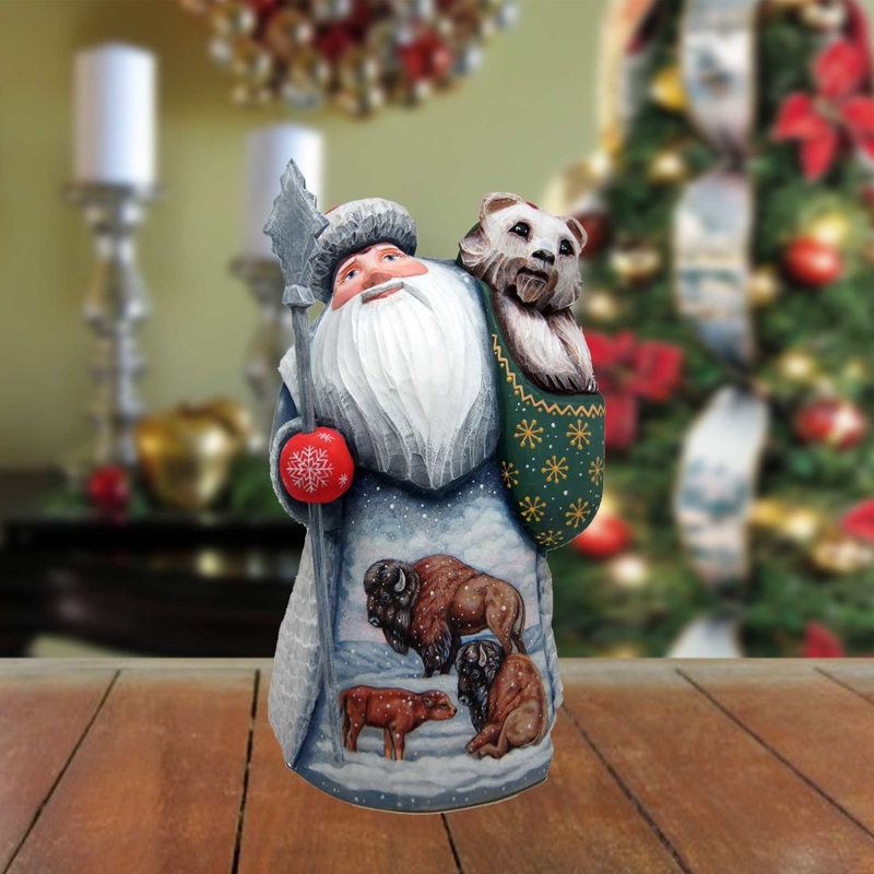 Bison’s Family Santa with Bear Hand-Painted WOODCARVED Figurine by G. DeBrekht – Wildlife Holiday Decor – 2821710 *** PRE-ORDER – Handmade Just for You! ***