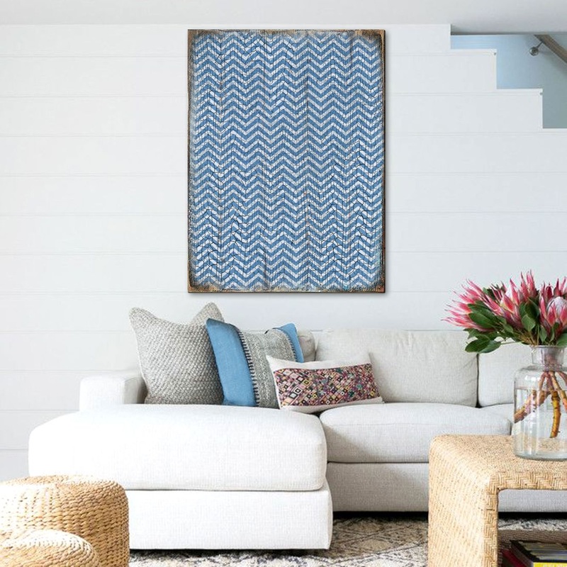Blue Chevron Stripes Rustic Wooden Wall Art by G. DeBrekht – Floral Ornamental Decor – 95009B